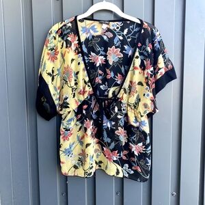 Vintage Floral Multicolor Deep V-Neck Plunge Kimono Women's Blouse